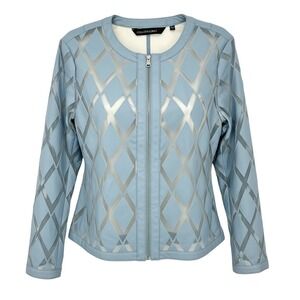 Colleen Lopez Blue Diamond Cutout Mesh Paneled Faux Leather Jacket Size M - CJ